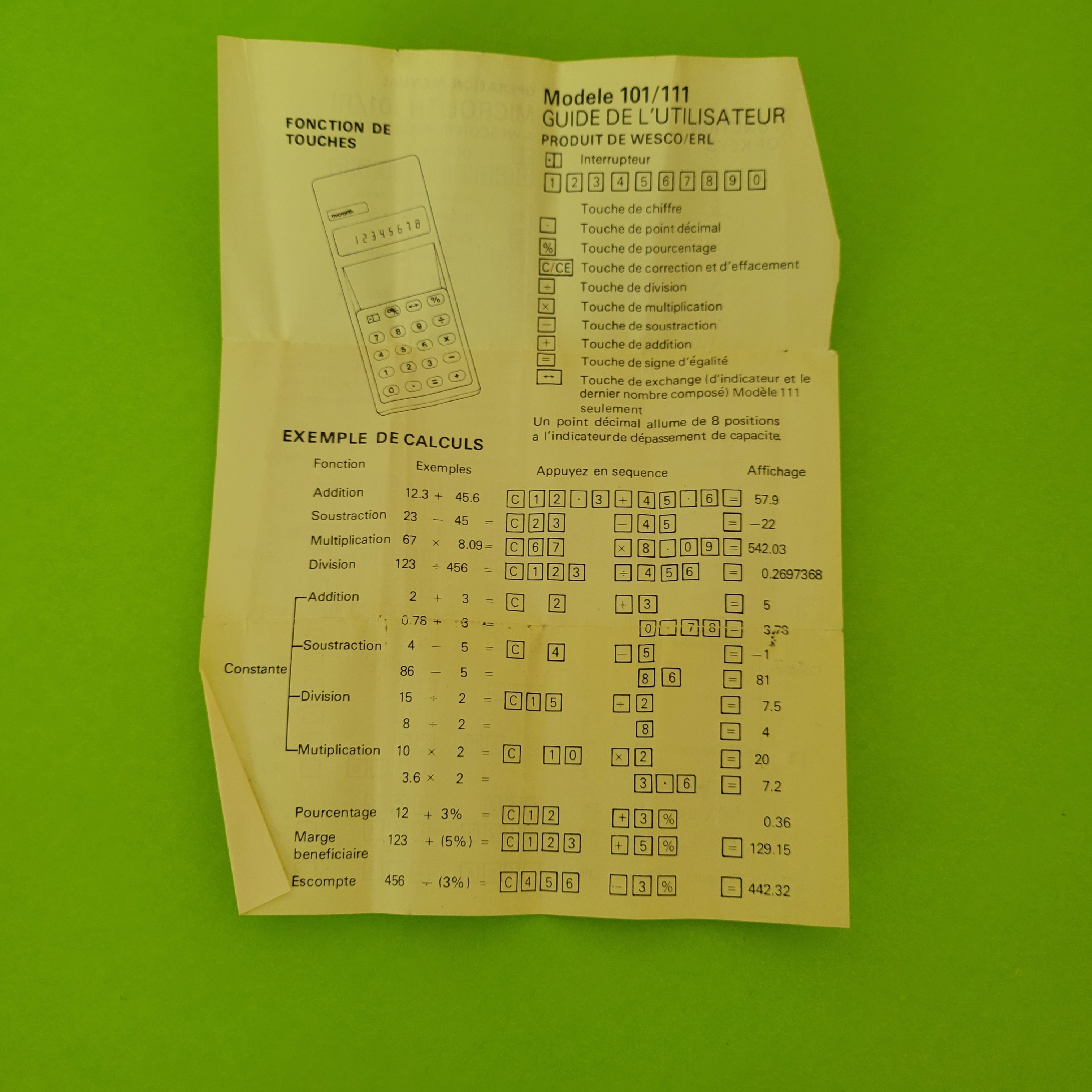 An image of the manuel of a Microlith Four function plus calculator